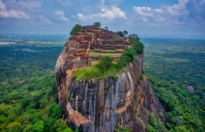Aerial view of Sigiriya Lion's Rock, a rock fortress located in the northern Matale District, Dambulla, Sri Lanka.